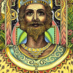The Emperor card from the Cosmic Tarot, depicting a cosmic sovereign surrounded by nebulae and celestial energy.